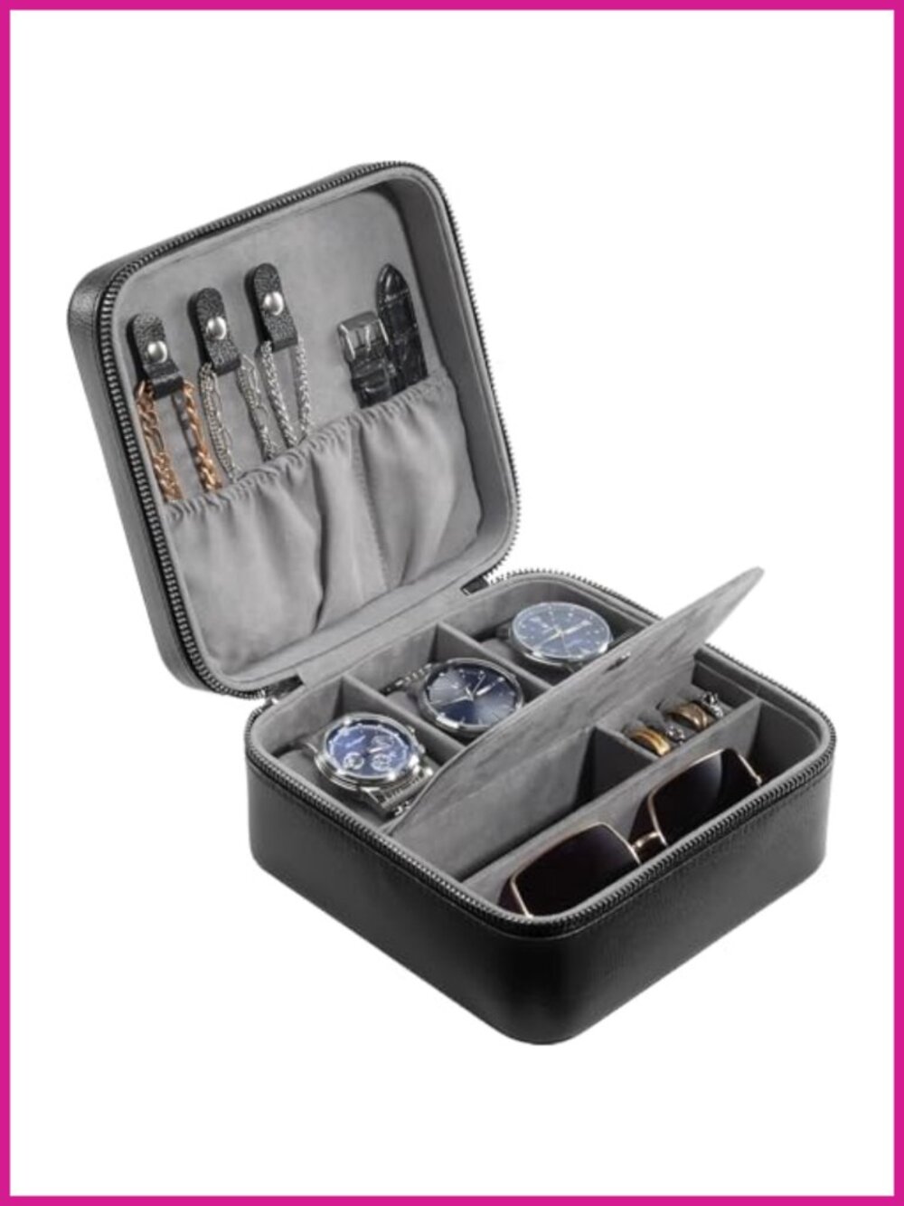 Travel Watch Case 3 Slot Jewelry Organizer PU Leather Suede Lined Zippered